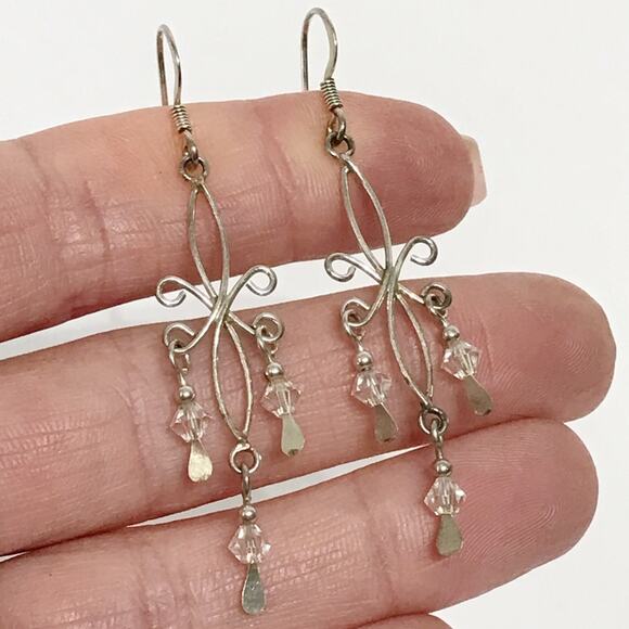 925 Sterling Silver 2" MC Signed Delicate Wire Crystal Beaded Chandelier Earring - Picture 1 of 13